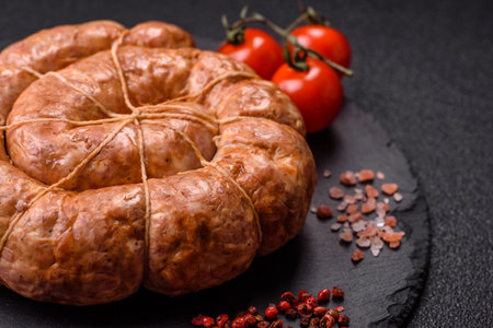 Grilled sausage in the shape of a spiral or snail, a meat dish made from chicken or pork with spices...