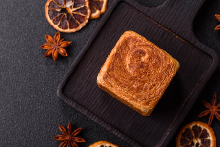 A French cube croissant with chocolate filling, a sweet breakfast pastry. Cube croissant as a food background for your designの写真素材