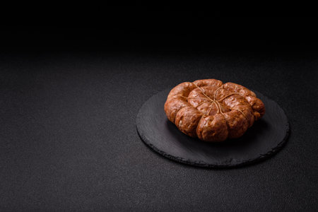 Grilled sausage in the shape of a spiral or snail, a meat dish made from chicken or pork with spices...
