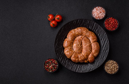 Grilled sausage in the shape of a spiral or snail, a meat dish made from chicken or pork with spices...