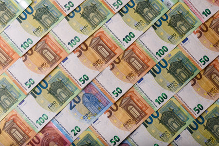 Euro, European currency cash banknotes for business and financial exchanges and settlements. Euro banknotes as a background for your designの写真素材