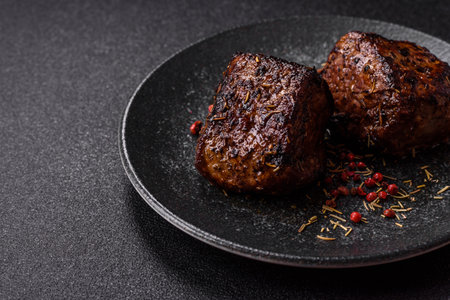 Grilled or barbecued beef steak, a fillet of meat cooked for dinner. Beef steak as a food background...