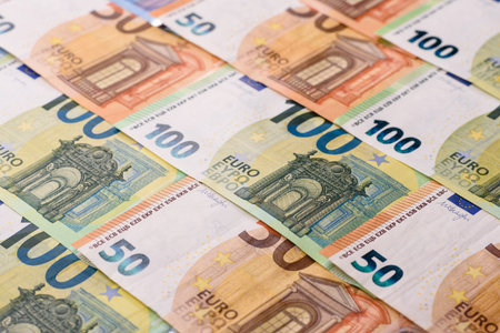Euro, European currency cash banknotes for business and financial exchanges and settlements. Euro...