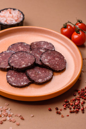 Black blood pudding, grilled pork sausage cooked for dinner. Blood pudding as a food background for...