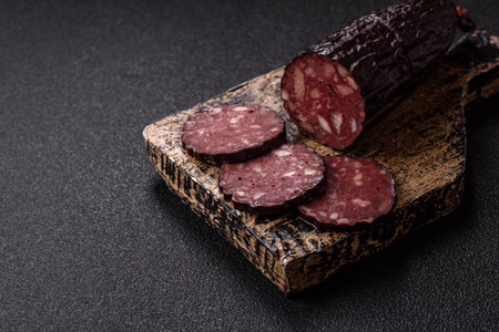Black blood pudding, grilled pork sausage cooked for dinner. Blood pudding as a food background for...