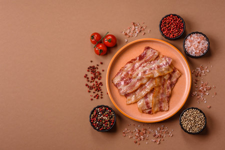 Fried smoked bacon slices, ham, jamon, or prosciutto strips for cooking. Fried bacon slices as a...