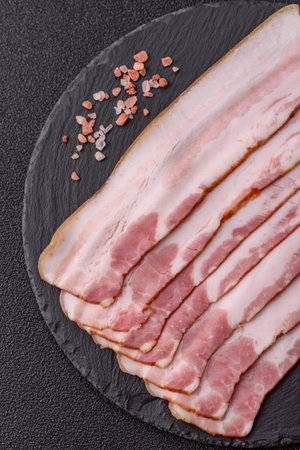 Raw smoked bacon slices, ham, jamon, or prosciutto strips for cooking. Raw bacon slices as a food...
