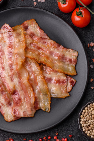 Fried smoked bacon slices, ham, jamon, or prosciutto strips for cooking. Fried bacon slices as a...