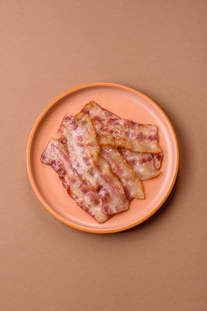 Fried smoked bacon slices, ham, jamon, or prosciutto strips for cooking. Fried bacon slices as a...