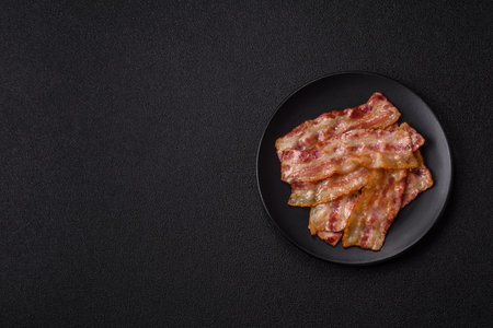 Fried smoked bacon slices, ham, jamon, or prosciutto strips for cooking. Fried bacon slices as a...