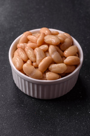 Canned white beans in a bowl as a food background for your design