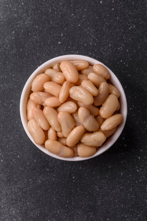 Canned white beans in a bowl as a food background for your design