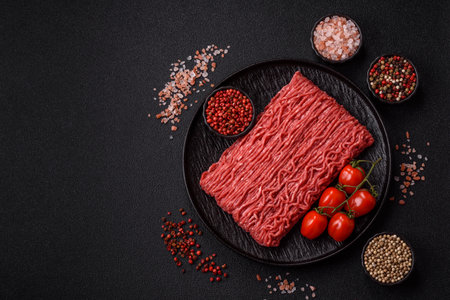 Raw ground beef or pork for burgers or meatballs with salt and spices. Raw ground beef as a food background for your designの写真素材