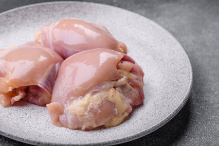 Chicken meat, raw boneless thigh fillets for grilling with salt and spices. Raw chicken thigh fillets as a food background for your designの写真素材