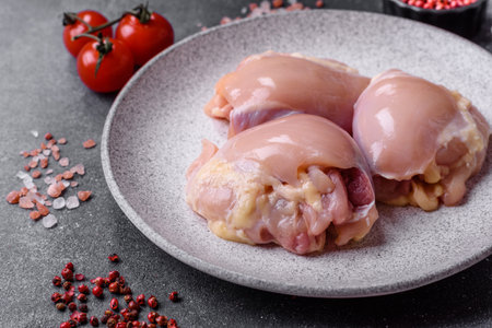 Chicken meat, raw boneless thigh fillets for grilling with salt and spices. Raw chicken thigh fillets as a food background for your designの写真素材