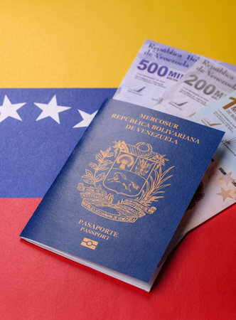 Venezuela passport, venezuelan visa for international travel and vacation. Venezuelan passport as a background for your designの写真素材