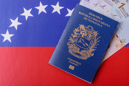 Venezuela passport, venezuelan visa for international travel and vacation. Venezuelan passport as a background for your designの写真素材