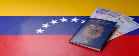 Venezuela passport, venezuelan visa for international travel and vacation. Venezuelan passport as a background for your designの写真素材