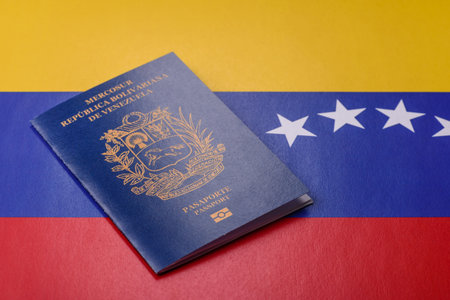 Venezuela passport, venezuelan visa for international travel and vacation. Venezuelan passport as a background for your designの写真素材