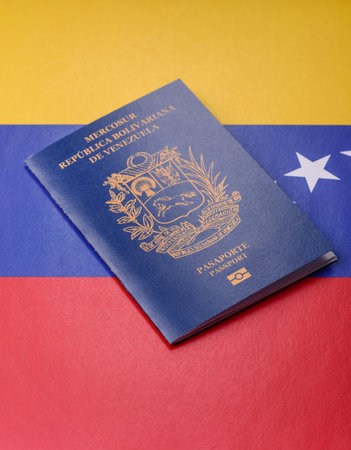 Venezuela passport, venezuelan visa for international travel and vacation. Venezuelan passport as a background for your designの写真素材