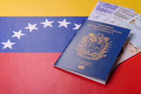 Venezuela passport, venezuelan visa for international travel and vacation. Venezuelan passport as a background for your designの写真素材