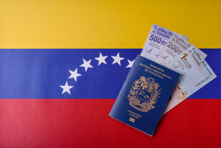Venezuela passport, venezuelan visa for international travel and vacation. Venezuelan passport as a background for your designの写真素材