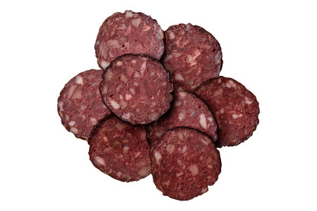 Black blood pudding, grilled pork sausage cooked for dinner. Blood pudding as a food background for...