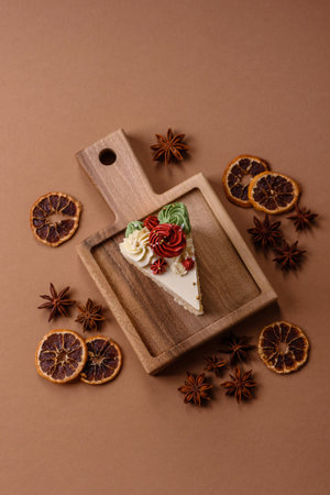 A slice of sweet layered cake with white cream.