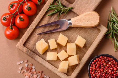Cubed cheddar, gouda, or parmesan cheese on a cutting board. Cubed cheese as a food background for your designの写真素材
