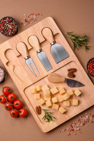 Cubed cheddar, gouda, or parmesan cheese on a cutting board. Cubed cheese as a food background for your designの写真素材