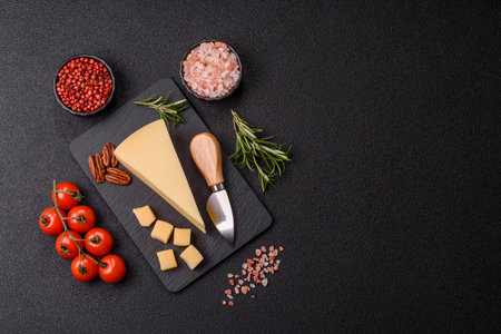 A wedge of cheddar, gouda, or parmesan cheese on a cutting board. Cheese wedge as a food background for your designの写真素材