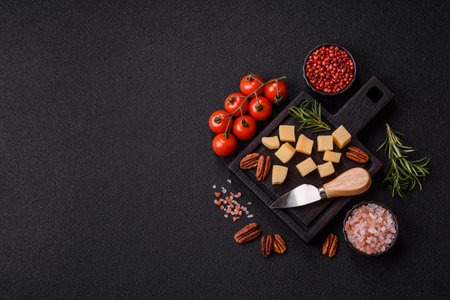 Cubed gouda, emmental, or parmesan cheese on a cutting board. Cubed cheese as a food background for your designの写真素材