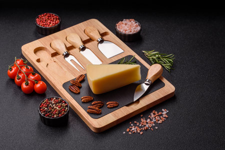 A wedge of cheese on a cutting board. Cheese wedge as a food background for your designの写真素材
