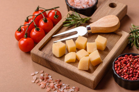 Cubed cheddar, gouda, or parmesan cheese on a cutting board. Cubed cheese as a food background for your designの写真素材