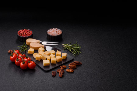 Cubed cheddar, gouda, or parmesan cheese on a cutting board. Cubed cheese as a food background for your designの写真素材