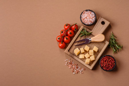 Cubed cheese on a cutting board. Cubed cheese as a food background for your designの写真素材