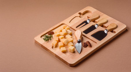 Cubed cheddar, gouda, or parmesan cheese on a cutting board. Cubed cheese as a food background for your designの写真素材