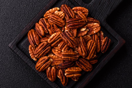 Peeled and roasted pecan nut as an ingredient for healthy foods and snacks. Pecan nut as a food...
