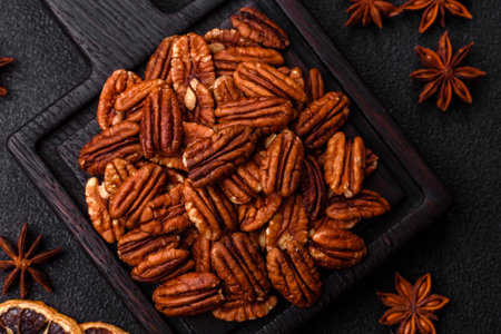 Peeled and roasted pecan nut as an ingredient for healthy foods and snacks. Pecan nut as a food...
