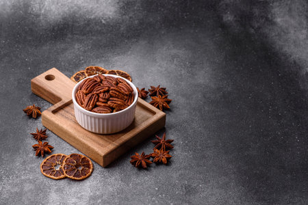 Peeled and roasted pecan nut as an ingredient for healthy foods and snacks. Pecan nut as a food...