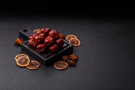 Red dried dates, the Chinese sweet fruit jujube, as a healthy food. Red dates, jujube as a food background for your designの写真素材