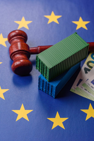 The cargo container ban on the EU flag as a conceptual backdrop for the export and logistics of...