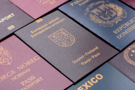 Passports of citizens of different countries of the world, background consisting of passports of several countriesの写真素材