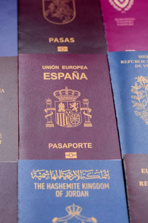 Passports of citizens of different countries of the world, background consisting of passports of several countriesの写真素材
