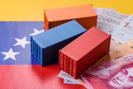 Cargo containers on the Venezuela flag as a conceptual backdrop for goods export and logistics. Cargo containers on the Venezuela flag as a background for your designの写真素材