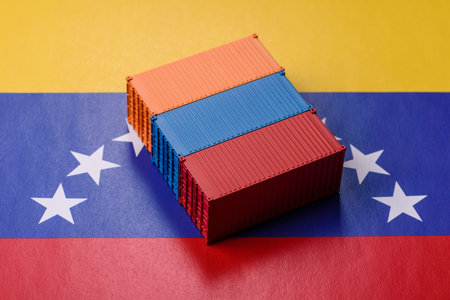 Cargo containers on the Venezuela flag as a conceptual backdrop for goods export and logistics....