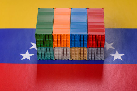The cargo container ban on the Venezuela flag as a conceptual backdrop for the export and logistics of goods. The cargo container embargo on the Venezuela flag as a backdrop for your designの写真素材