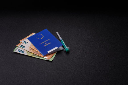 A pet passport is a document with vaccination and travel information for a cat, dog, or other animal. A pet passport as a background for your design.の写真素材