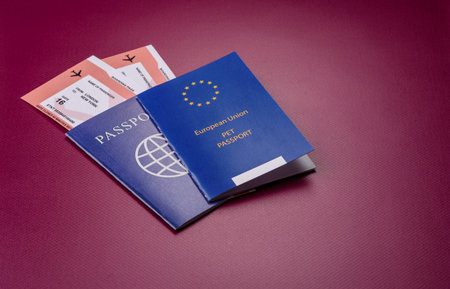 A pet passport is a document with vaccination and travel information for a cat, dog, or other animal. A pet passport as a background for your design.の写真素材