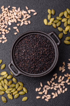 Black sesame seeds in a bowl, an ingredient for oil and healthy eating. Black sesame as a food...